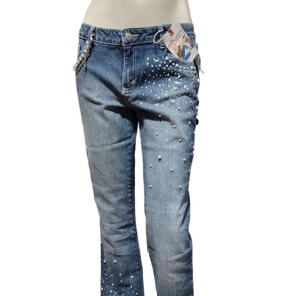 Bisou Bisou Vintage Rhinestone Women's Denim Jeans Blue Fade Size 10 with Chain - Picture 1 of 11